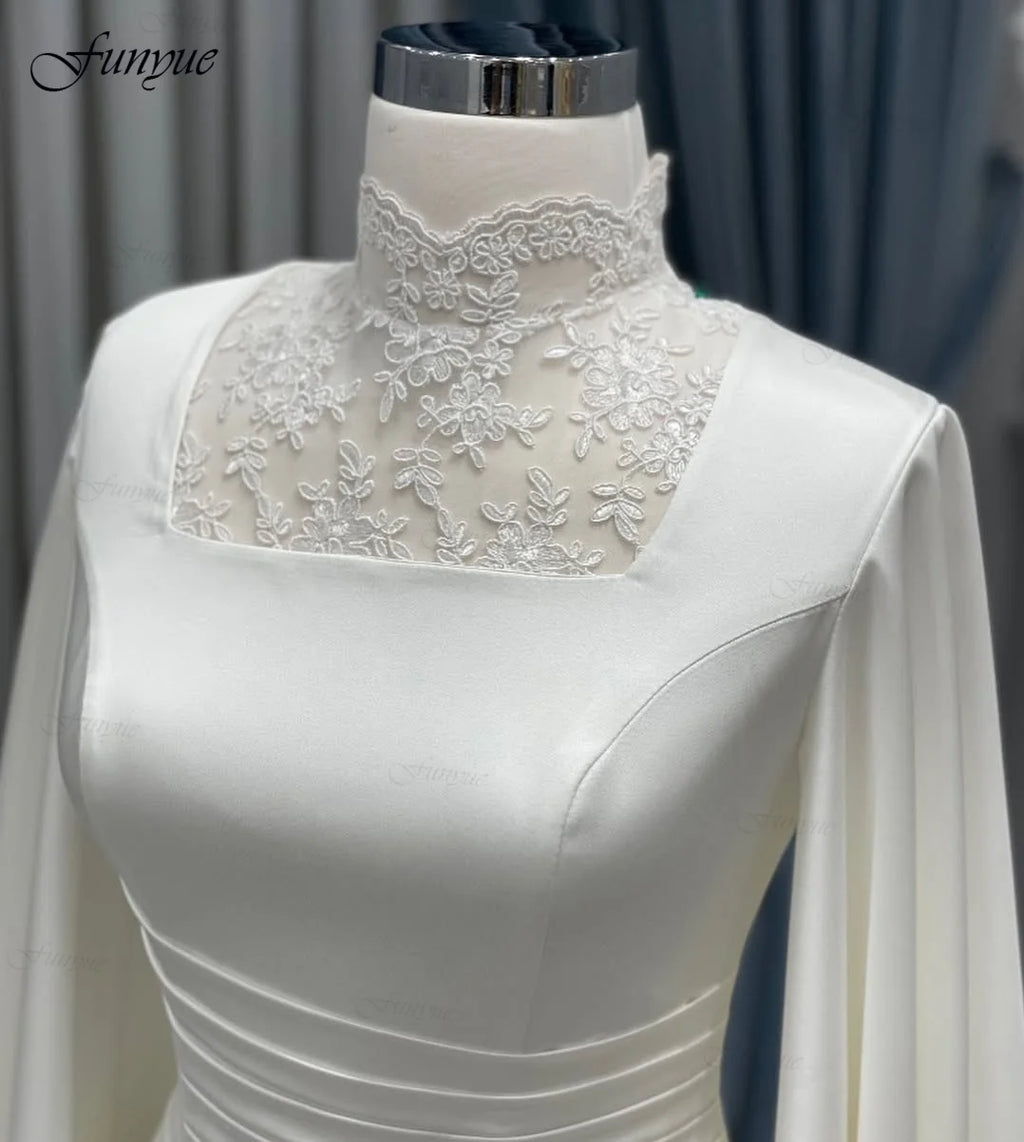 Funyue Customized Silk Satin Muslim Wedding Dresses for Women 2026 Bride Court Train Long Sleeves Ivory Bridal Gowns Mermaid New