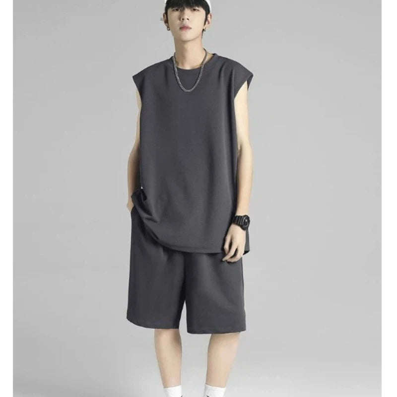 Street Hip Hop Men Ice Silk Quick Dry Sleeveless Vest Shorts Two Piece Set Casual Sports Basketball Daily Outdoor Wear