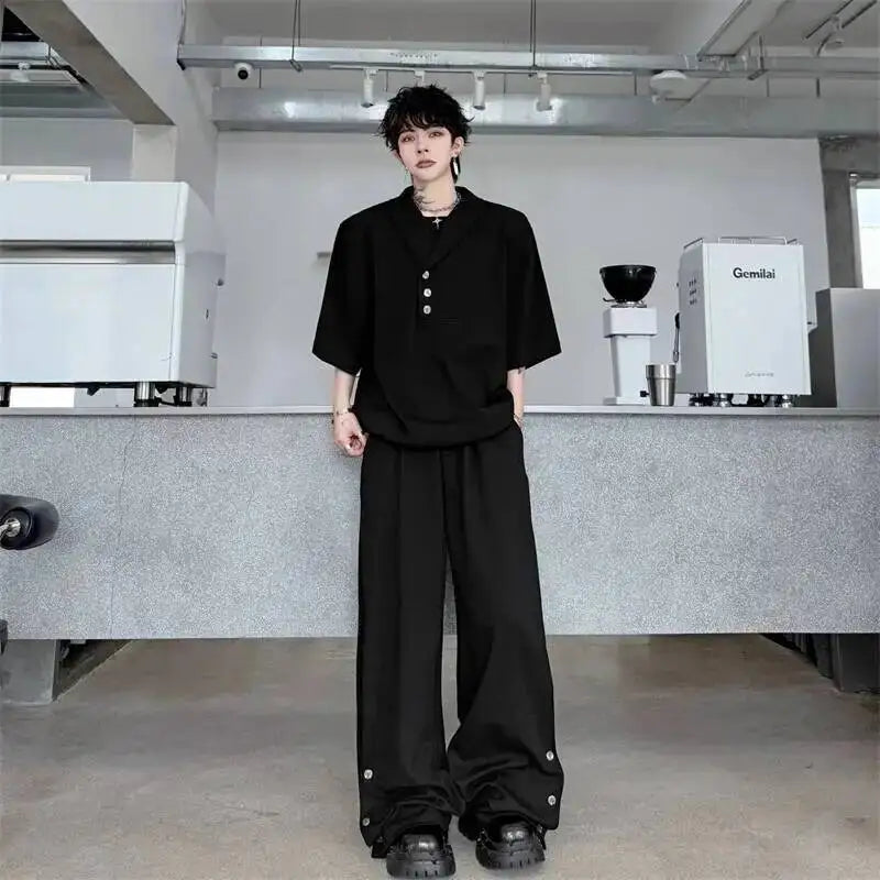 Grey New Summer Men's Two Pieces Set Turn Down Collar Fake Short Sleeve Sweatshirt And Casual Wide Leg Long Pants GPBW