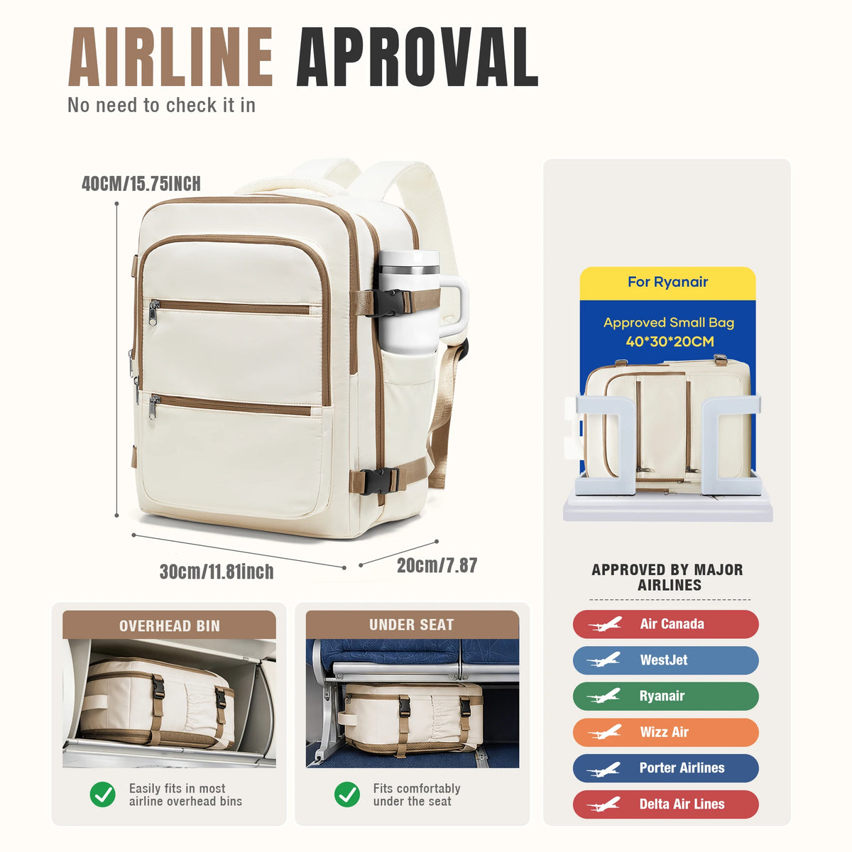 Vacuum Backpack Backpack Hand Luggage Aircraft, Ryanair Backpack 40x30x20 Travel Backpack for Women, Men's Work Bag Laptop Bag