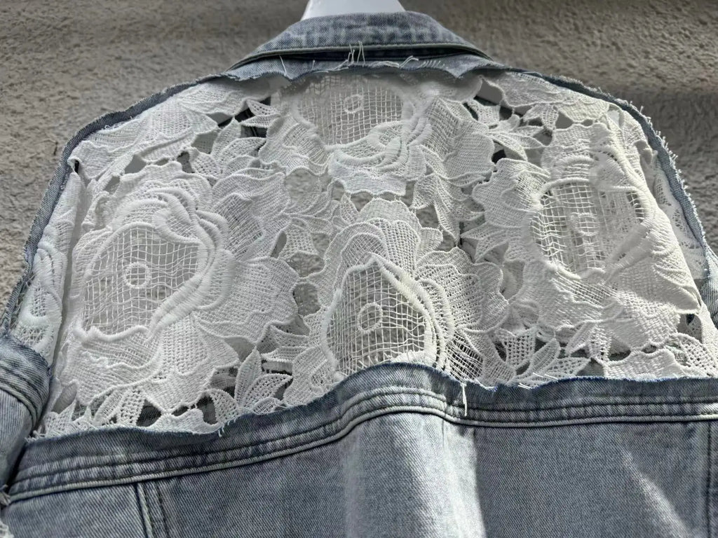 Spliced Embroidery Jacket Women Turn Down Collar Pearls Washed Denim Coats Single Breasted Loose Outerwear Basics Cardigan