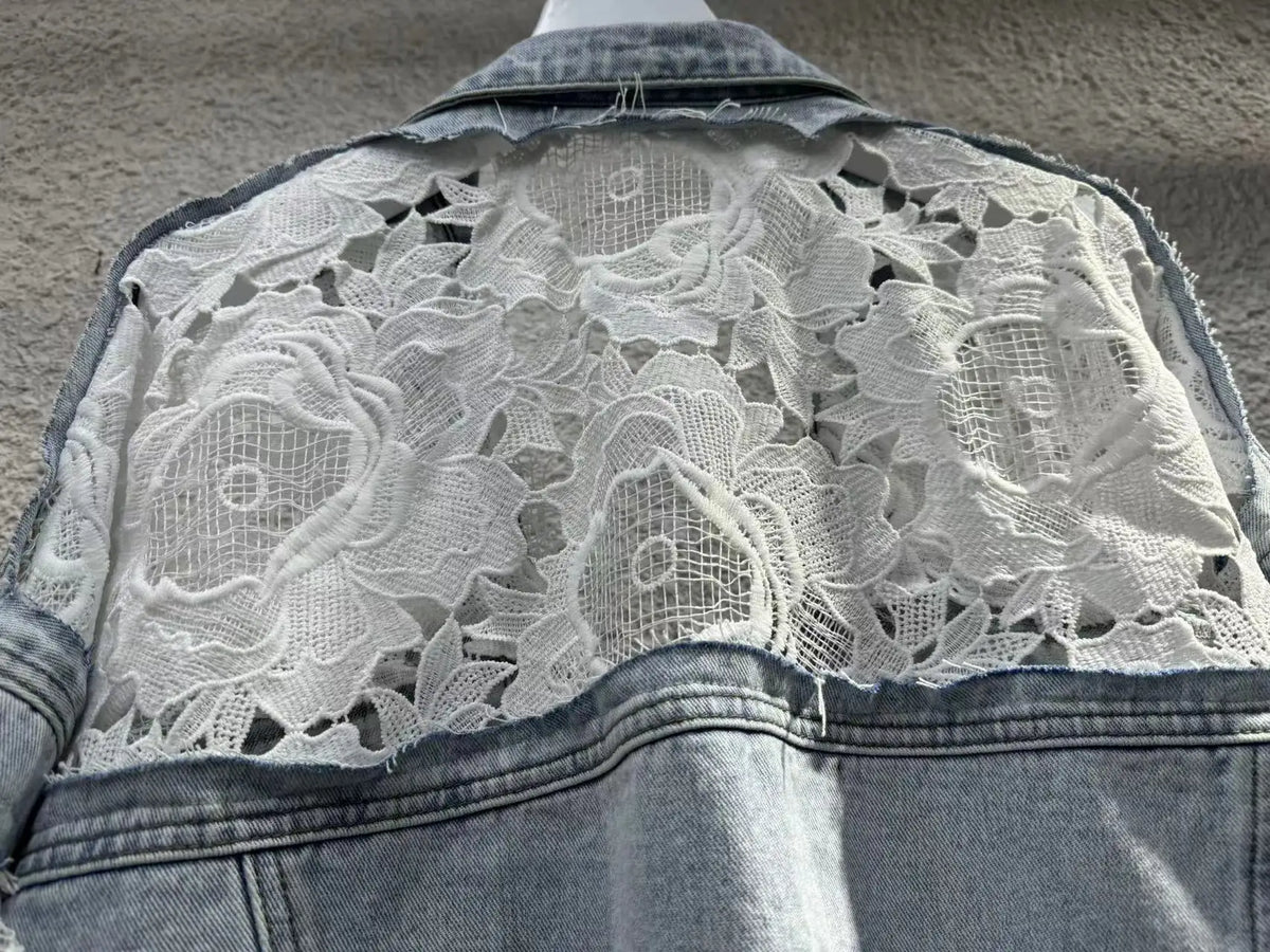 Spliced Embroidery Jacket Women Turn Down Collar Pearls Washed Denim Coats Single Breasted Loose Outerwear Basics Cardigan