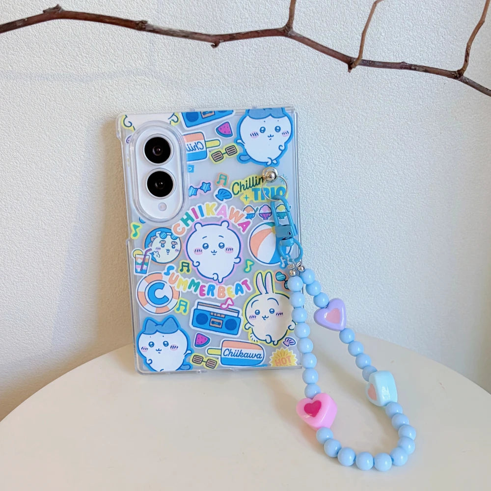 Cute Cartoon Japan Anime Chiikawa Usagi Hachiware Stand Holder Phone Case For Samsung Galaxy Z Fold 8 7 6 5 Case With lanyard