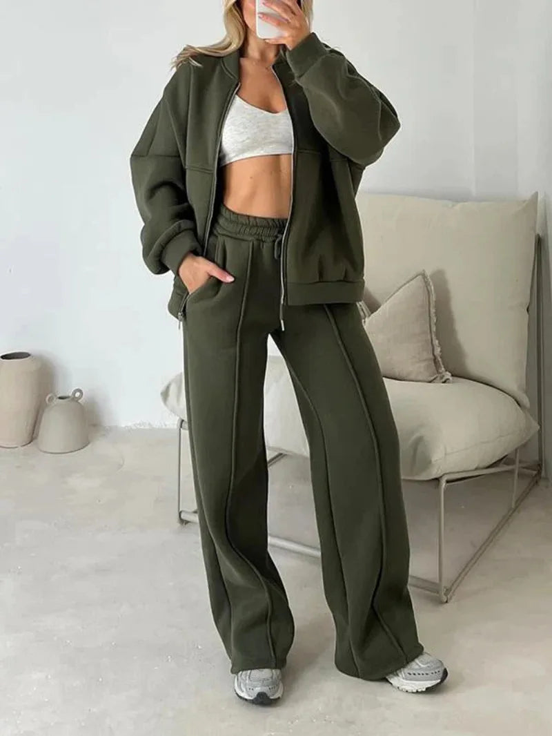 Women Zip Up Oversized Jacket Drawstring Wide Leg Pants Two Piece Tracksuit Casual Sweat Outfit