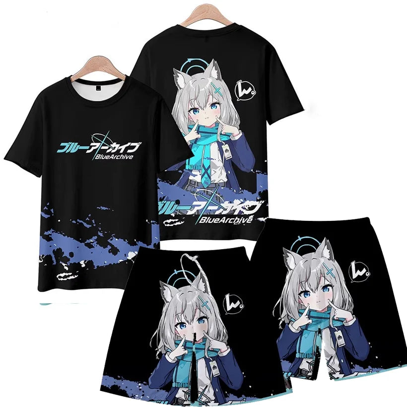 Men's Suits Anime Blue Archive Takanashi Hoshino 3D Print T-Shirts Shorts 2-Piece Sets Tracksuits Oversized Outfits Man Clothing