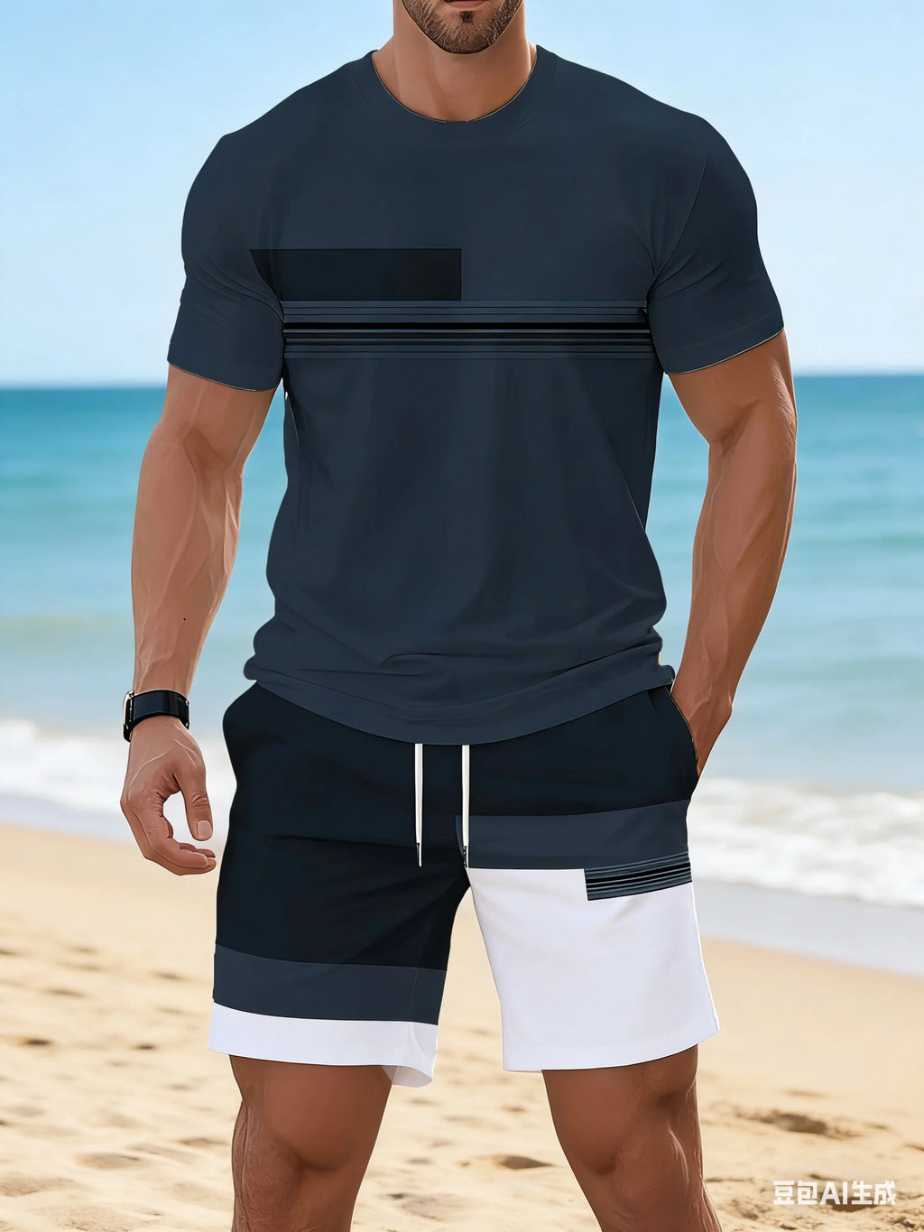 New Summer Men's Sportswear Striped Short-Sleeve T-Shirt Set Two-Piece Outdoor Travel Apparel Relaxed-Fit Shorts Training Wear