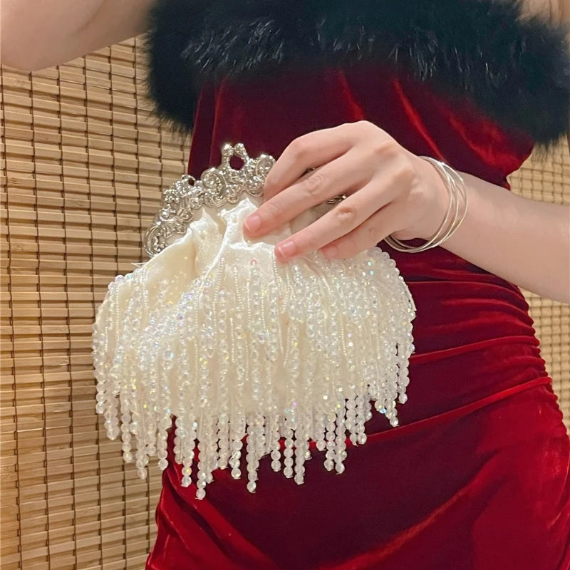 Elegant Bride Bags Vintage Tassel Silk Satin Beading Embroidered Handbag Luxury White Evening Bag Sac A Main Femme Retro Purses