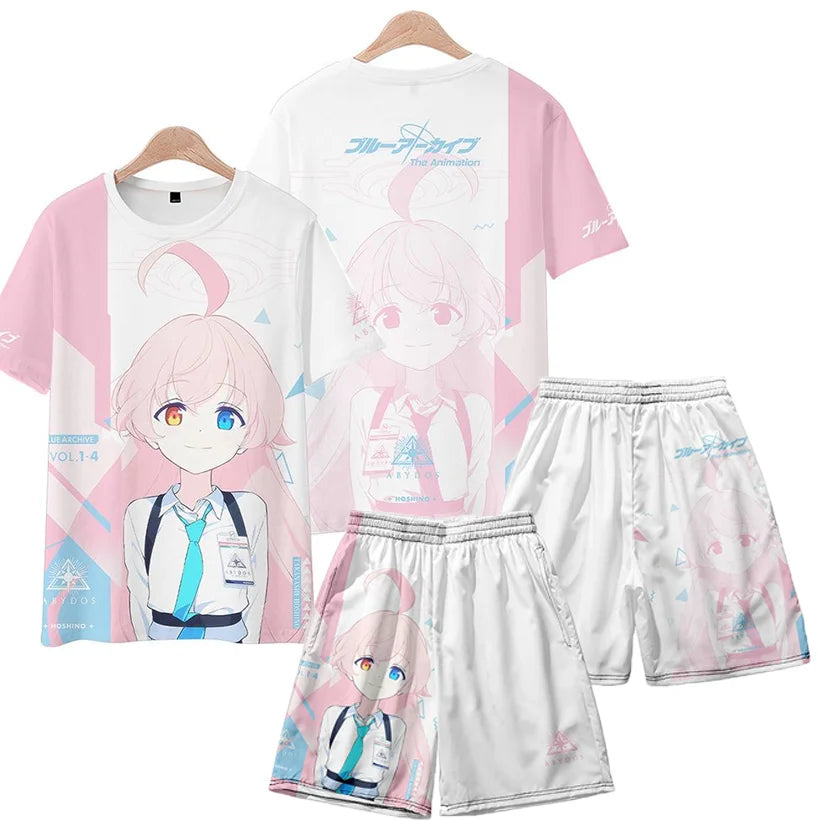Men's Suits Anime Blue Archive Takanashi Hoshino 3D Print T-Shirts Shorts 2-Piece Sets Tracksuits Oversized Outfits Man Clothing