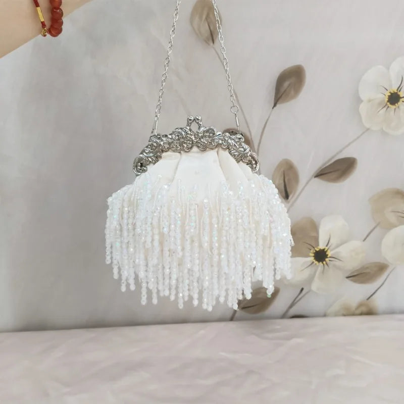 Elegant Bride Bags Vintage Tassel Silk Satin Beading Embroidered Handbag Luxury White Evening Bag Sac A Main Femme Retro Purses