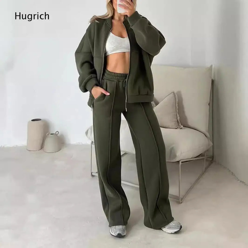 Women Zip Up Oversized Jacket Drawstring Wide Leg Pants Two Piece Tracksuit Casual Sweat Outfit