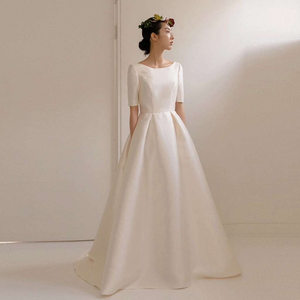 Elegant Mikado Satin Wedding Dress Short Sleeves Floor Length Simple Bridal Photoshoot Dress A Line Bridal Gown Custom Made