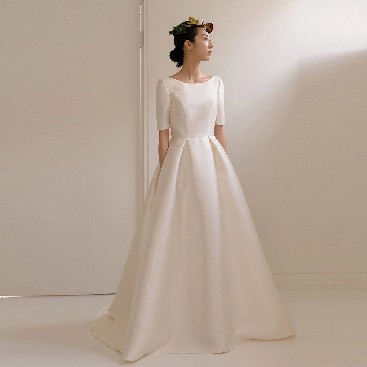 Elegant Mikado Satin Wedding Dress Short Sleeves Floor Length Simple Bridal Photoshoot Dress A Line Bridal Gown Custom Made