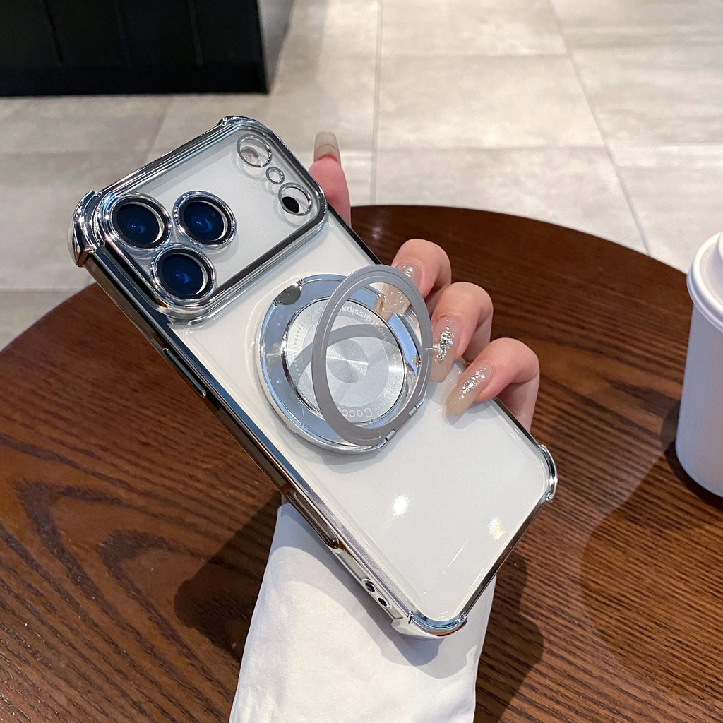Clear Magnetic Phone Case With 360° Rotating Holder & Lens Protective Film For iPhone 17 Air 16E 15 14 13 12 11 Plus Pro Max