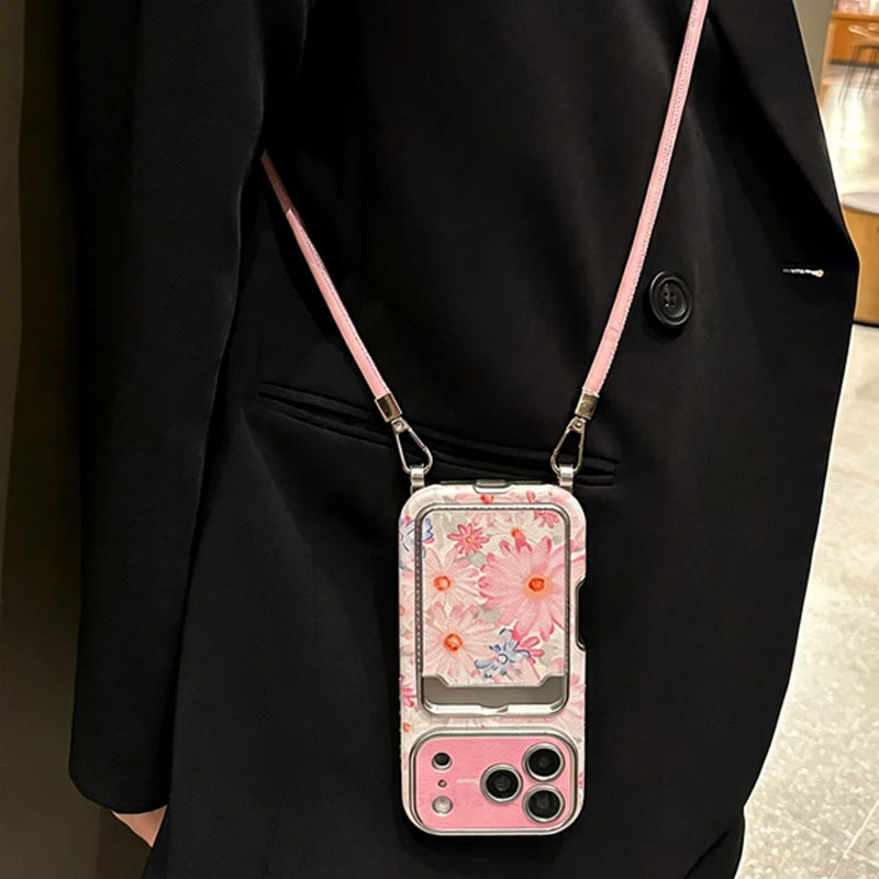 Pink Floral Faux Leather Texture Card Holder Phone Case with Crossbody Lanyard for iPhone 16, 15, 14, 13, 12, 11 Pro Max