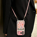Pink Floral Faux Leather Texture Card Holder Phone Case with Crossbody Lanyard for iPhone 16, 15, 14, 13, 12, 11 Pro Max