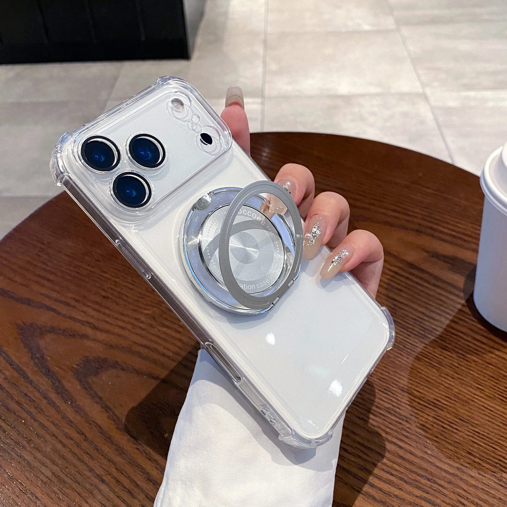 Clear Magnetic Phone Case With 360° Rotating Holder & Lens Protective Film For iPhone 17 Air 16E 15 14 13 12 11 Plus Pro Max