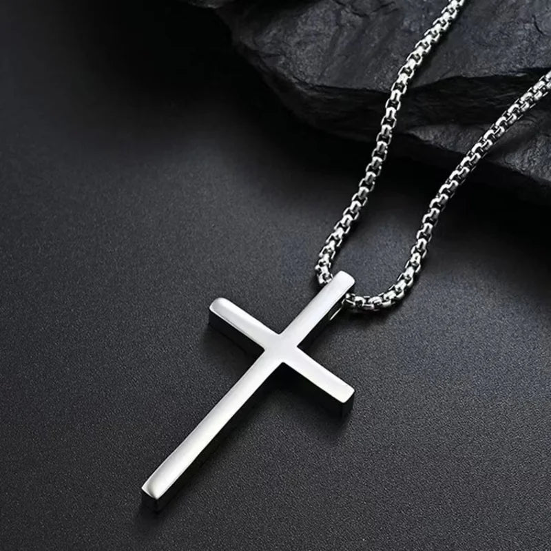 Hip Hop Trend Cross Pendant Necklace for Men Simple Punk Silver Color Titanium Steel Chain Versatile Street Jewelry Accessories