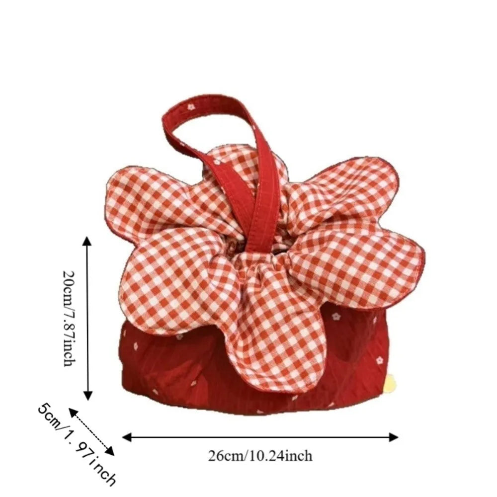 Sweet Flower Drawstring Handbag Cute Plaid Double-Sided Phone Pouch Large Capacity Flower Pattern Clutch Purse Commute Travel