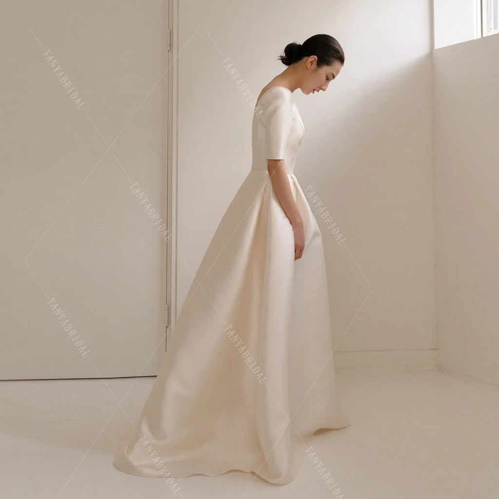 Elegant Mikado Satin Wedding Dress Short Sleeves Floor Length Simple Bridal Photoshoot Dress A Line Bridal Gown Custom Made