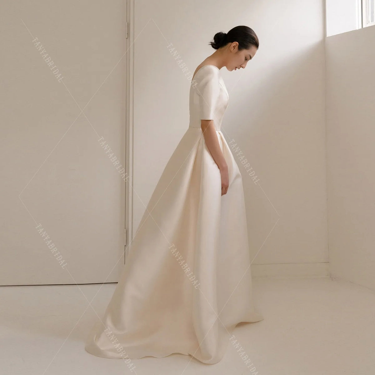 Elegant Mikado Satin Wedding Dress Short Sleeves Floor Length Simple Bridal Photoshoot Dress A Line Bridal Gown Custom Made