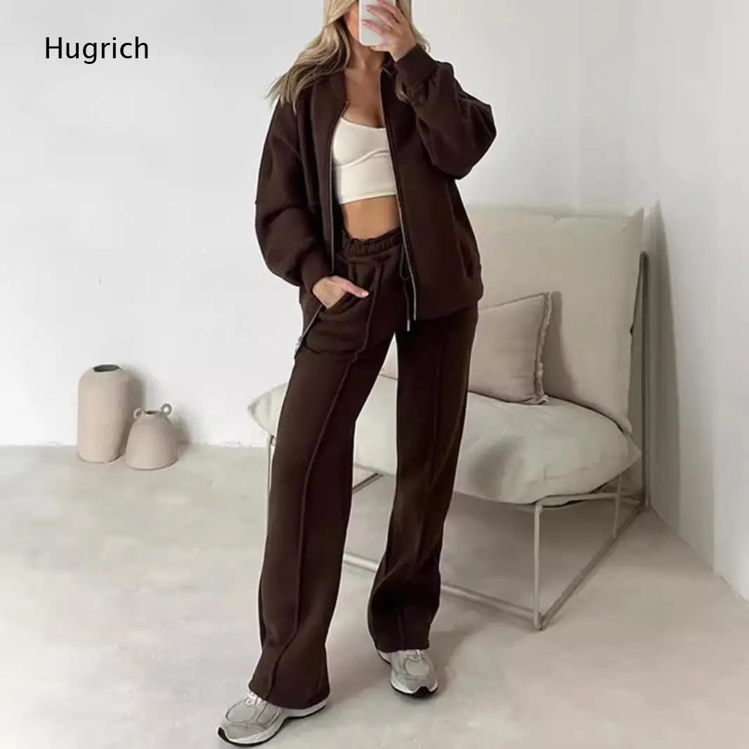 Women Zip Up Oversized Jacket Drawstring Wide Leg Pants Two Piece Tracksuit Casual Sweat Outfit