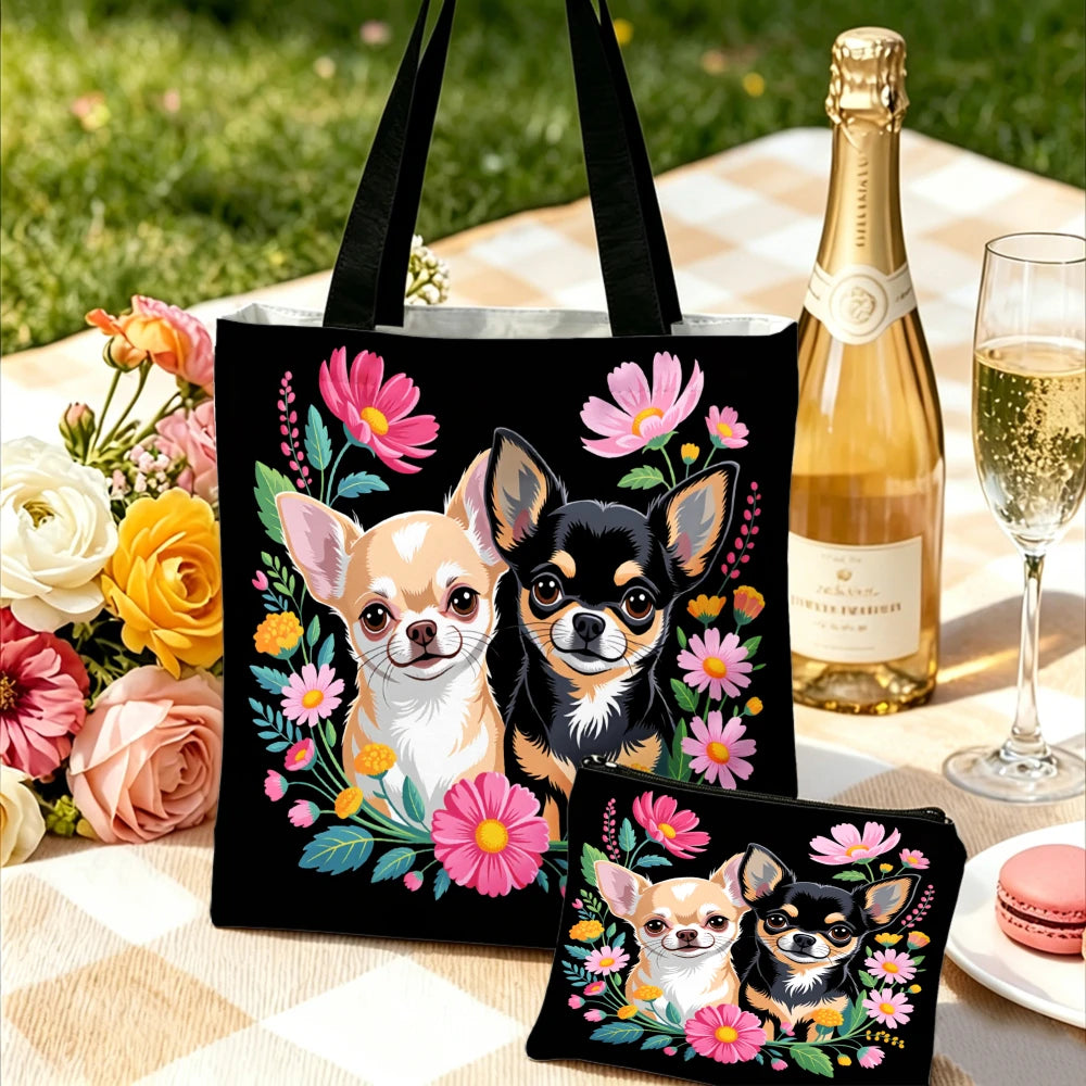 Chihuahua Dog Print Handbag Black Floral Pattern Tote Bags And Makeup Bag Combination For Shopping And Travel Portable Pouch