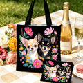 Chihuahua Dog Print Handbag Black Floral Pattern Tote Bags And Makeup Bag Combination For Shopping And Travel Portable Pouch