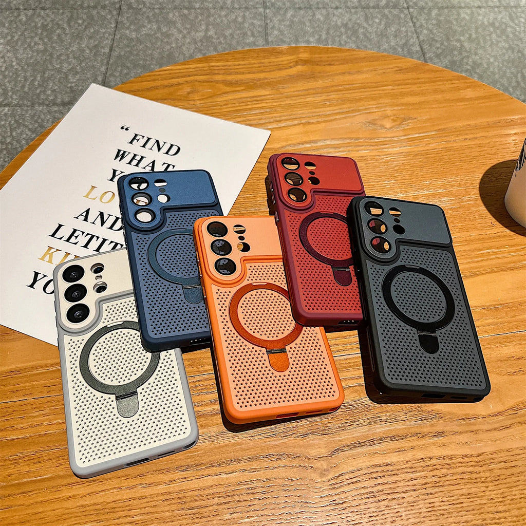 Luxury Heat Dissipation Cooling Mesh Hole Phone Case for Samsung S24 S25 S26 Ultra For Magsafe Magnetic Stand Holder Armor Cover