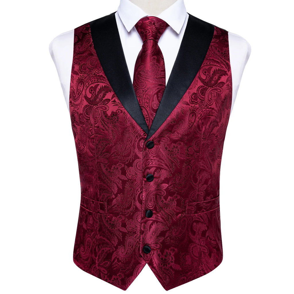 Fashion Red Paisley Men's Vest Tuxedo Dress Accessory Luxury Slim Fit Waistcoat for Man Bow Tie Necktie Handkerchief Cufflinks