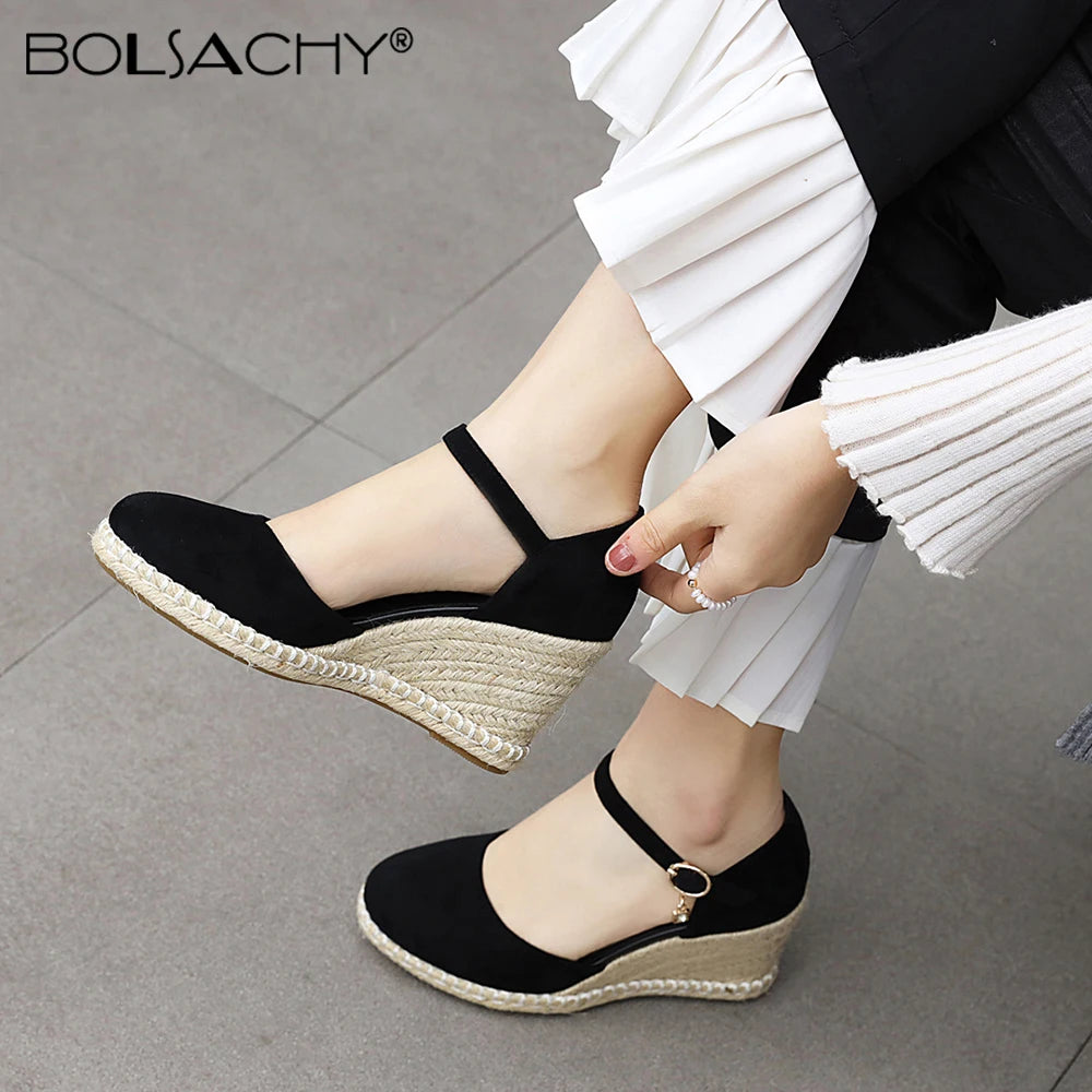 Spring New Women Espadrilles Leisure Wedges High Heels Lady Pumps Foothold Shoes Heel Slip On Round Toe for Femme Chaussures