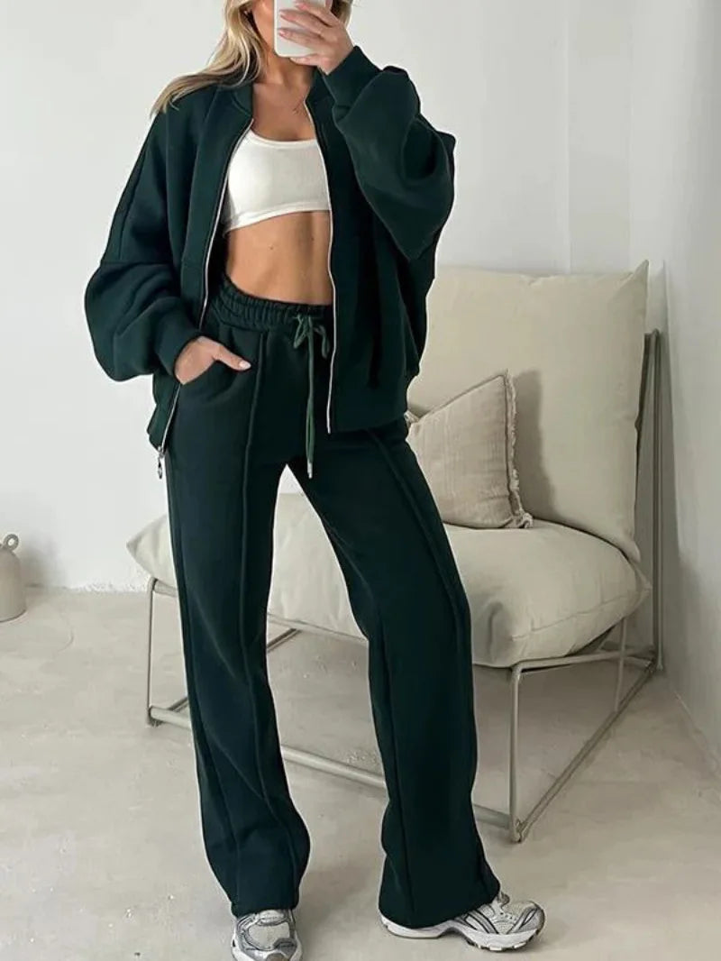 Women Zip Up Oversized Jacket Drawstring Wide Leg Pants Two Piece Tracksuit Casual Sweat Outfit