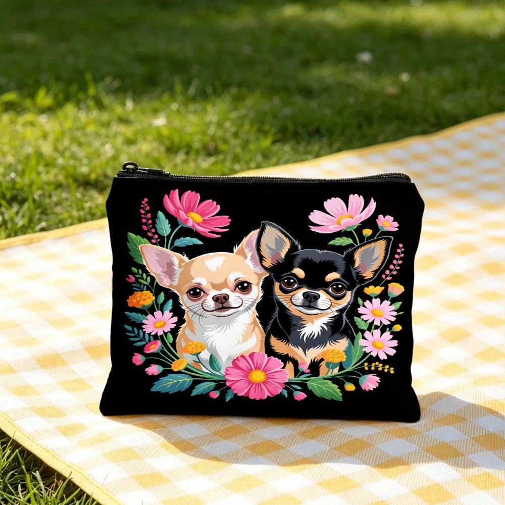 Chihuahua Dog Print Handbag Black Floral Pattern Tote Bags And Makeup Bag Combination For Shopping And Travel Portable Pouch