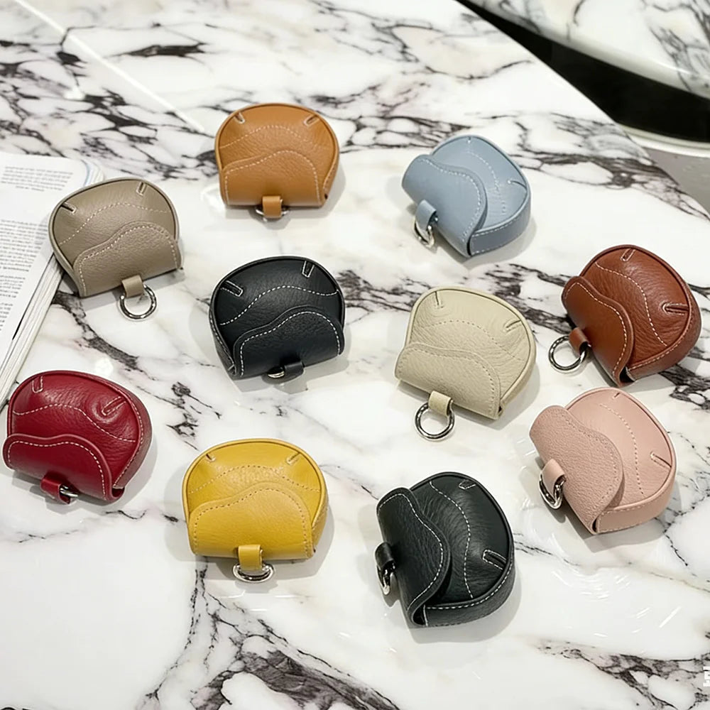 Universal Model Luxury Earphone Bag Fancy Lovely Real Leather Bluetooth Earbuds Case Holder With Keyring Small Item Storage Bag