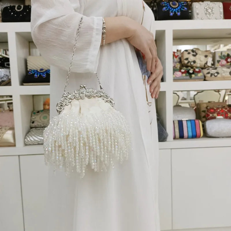 Elegant Bride Bags Vintage Tassel Silk Satin Beading Embroidered Handbag Luxury White Evening Bag Sac A Main Femme Retro Purses