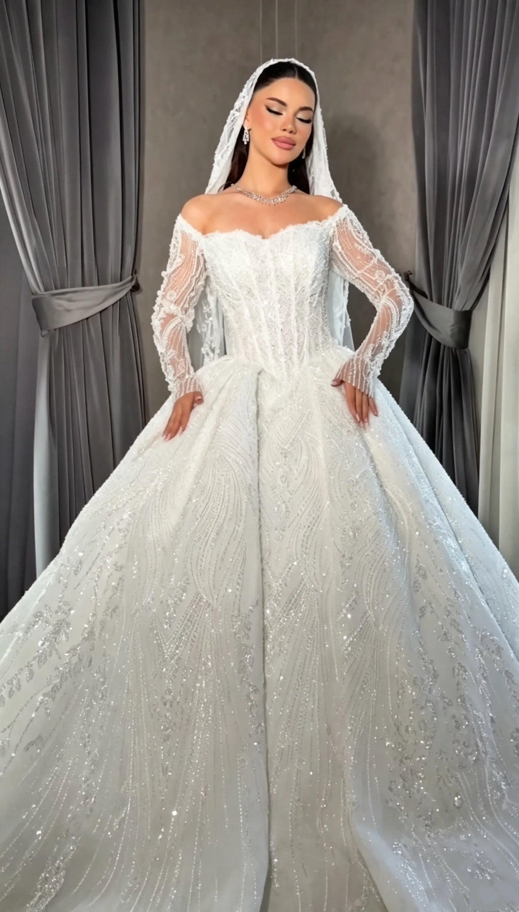 Off Shoulder Sweetheart Phantom Long Sleeve Princess Wedding Dress Lace Beaded Ball Dress Luxury Bride Dress Customized