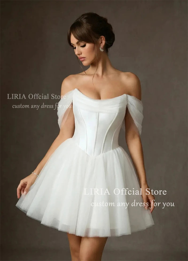 LIRIA Chic Short Wedding Dress for Bride Off the Shoulder Corset Mini Wedding Gowns White A Line Lace Up Elegant Bridal Dresses