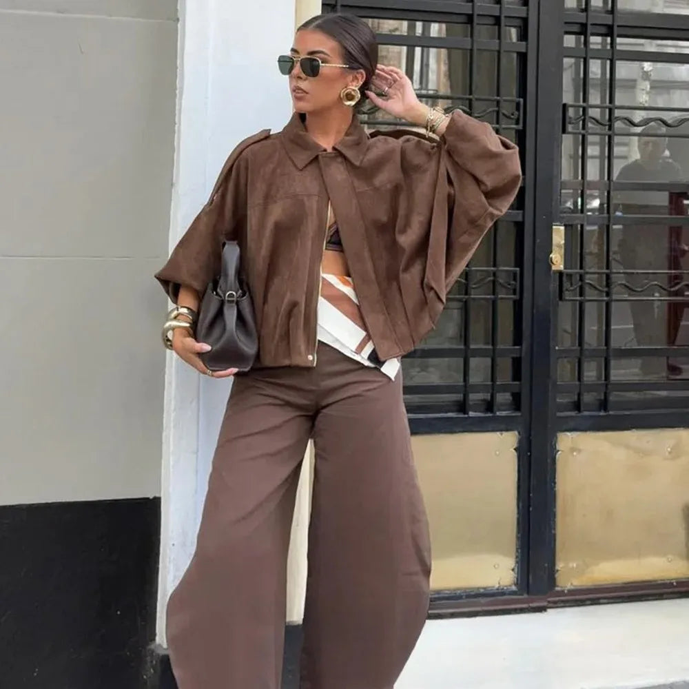 KONDALA 2025 Fall Winter Women's Bomber Jacket Lapel Long Sleeve Zipper Suede Jacket Women High Street Jackets Coats Outerwears
