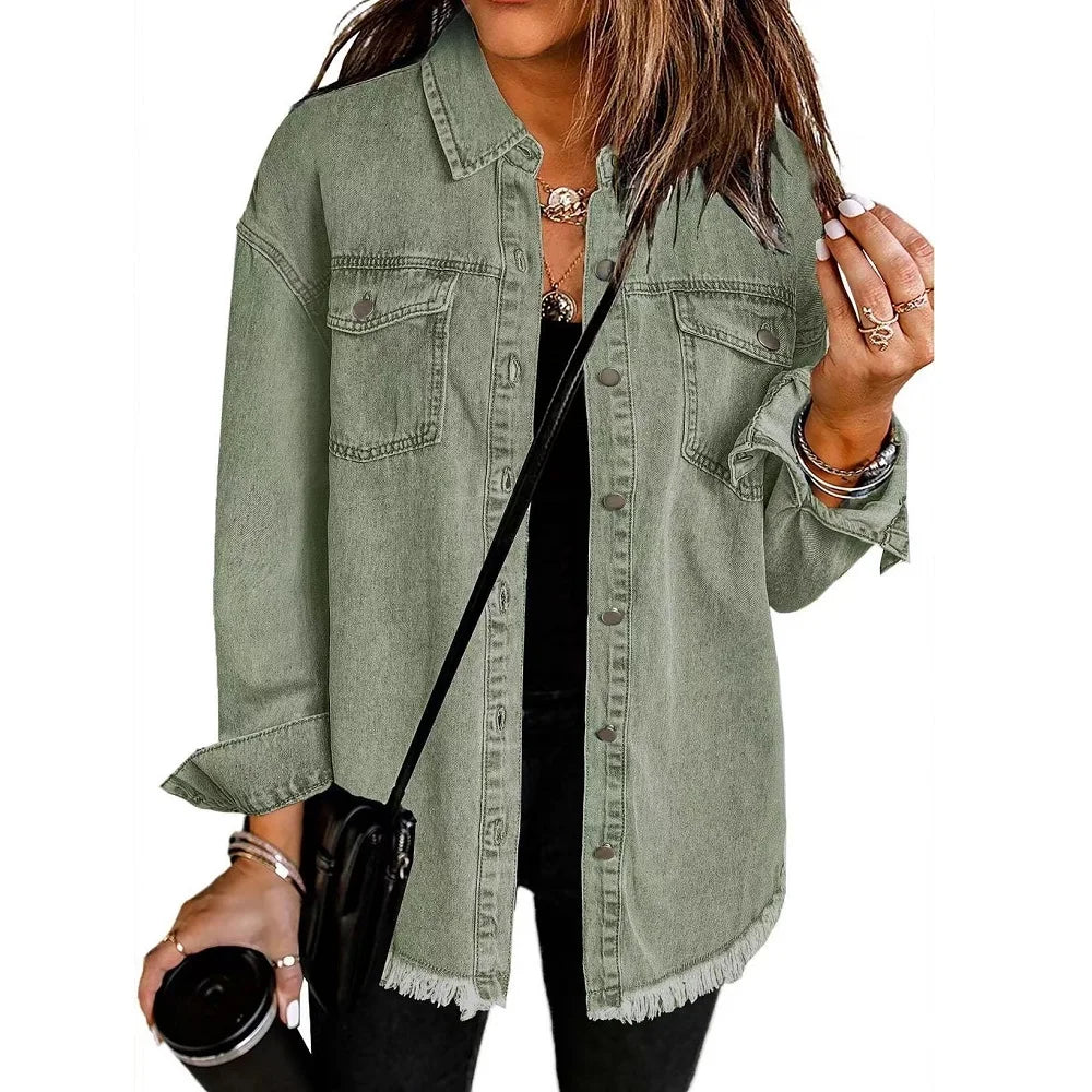 Washed Denim Jacket Women Autumn Tassel Lapel Jeans Jacket Female Casual Loose Long Sleeve Single Breasted Outerwear Shirts Coat