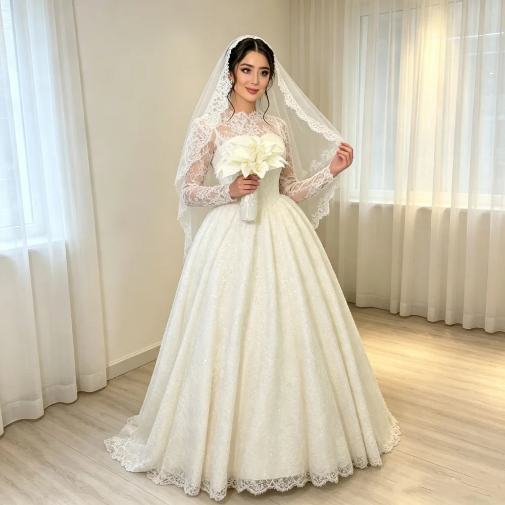 Customized High Collar Long Sleeve Lace Ball Dress A-line Square Collar Shining Bride Dress Church Train Luxury Wedding Dress