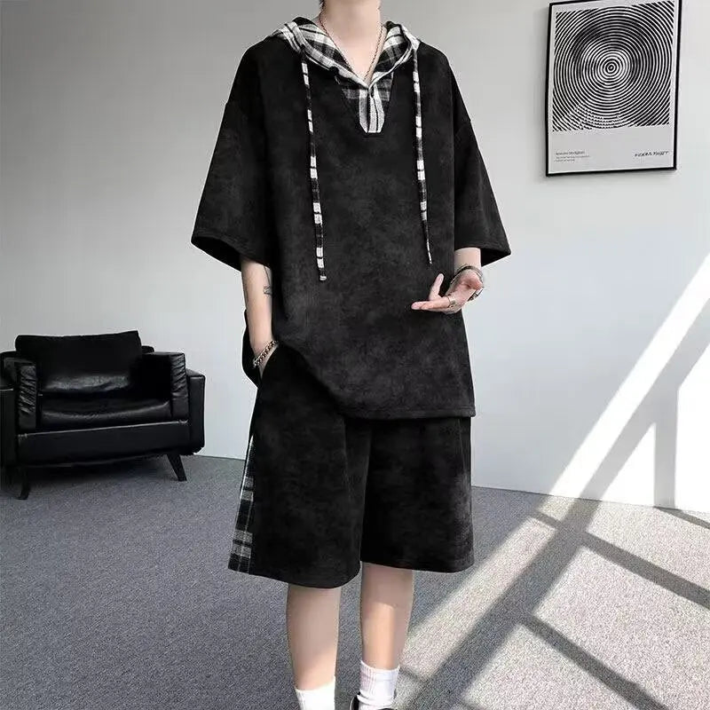 M-8XL Plus Size Men's Clothing Short Sleeved Hooded T-shirt+shorts Pants Sports Set Harajuku, Japan Fashion Casual Two Piece Set