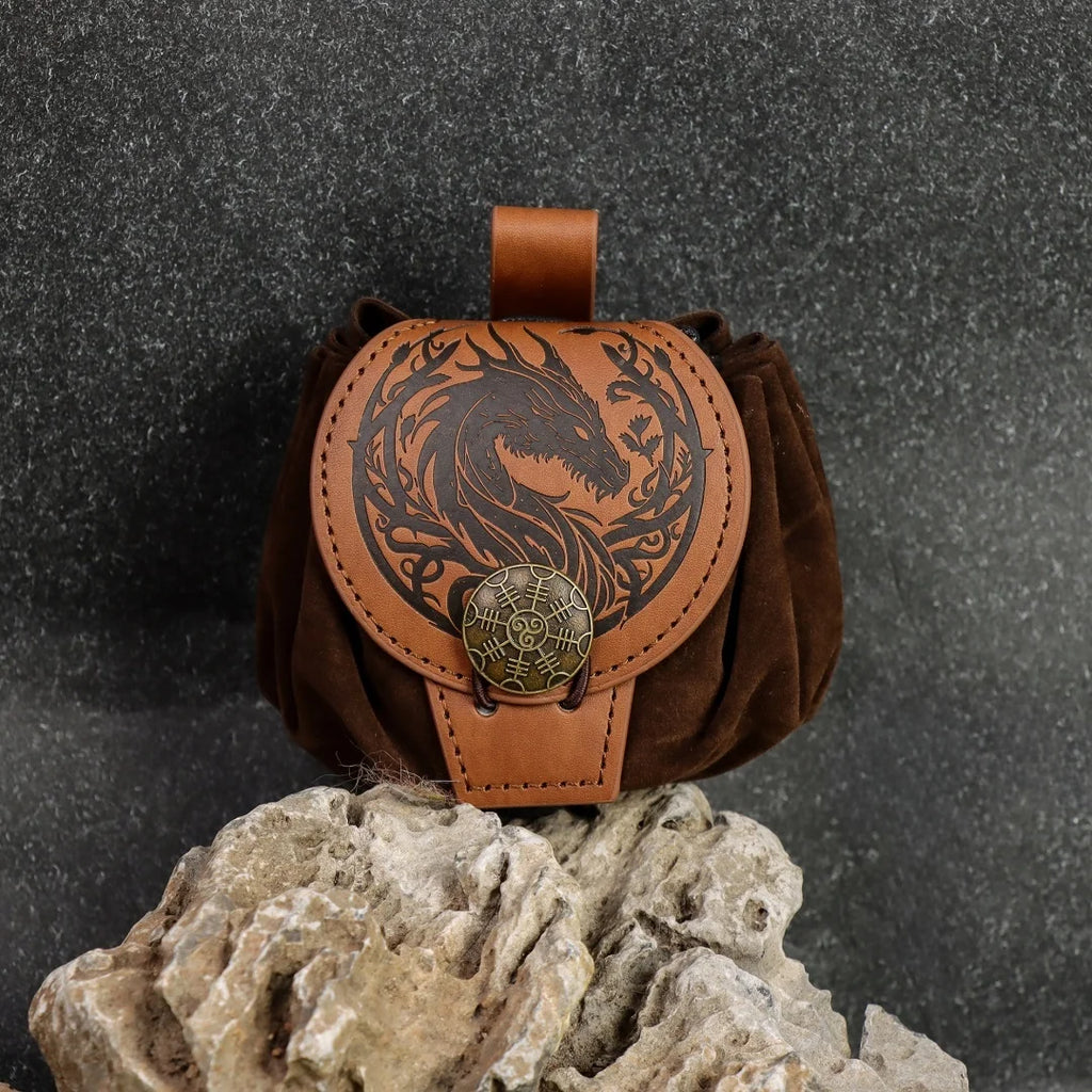Halloween Medieval Dragon Pattern Waist Bag Vintage Leather Pouch LARP Cosplay Belt Purse Party Dress-up Costume Accessory