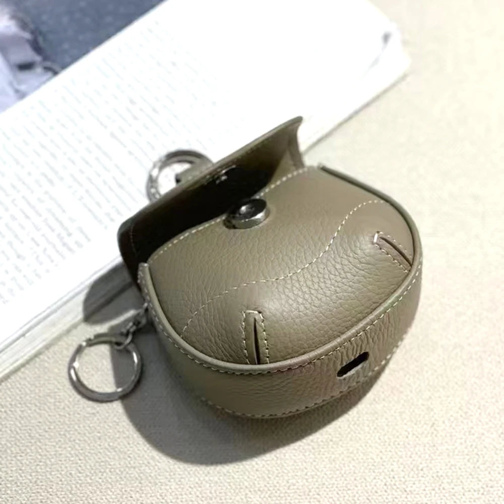 Universal Model Luxury Earphone Bag Fancy Lovely Real Leather Bluetooth Earbuds Case Holder With Keyring Small Item Storage Bag