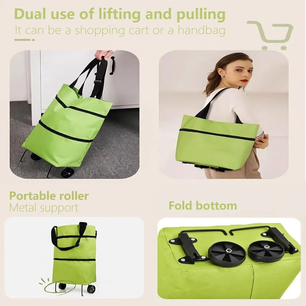 Foldable Shopping Bags with Wheels Portable Roller Tote Grocery Market Cart Caddy Oxford Fabric Reuseable Lightweight Bags Green