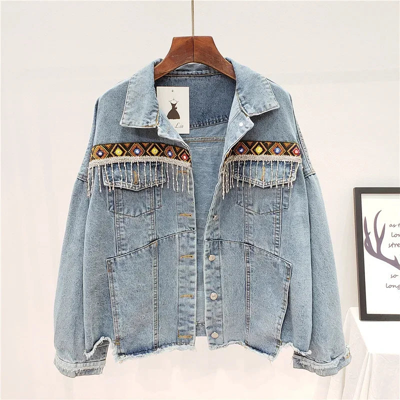 Embroidery Tassel Denim Jacket Coat Women Chaquetas Mujer Autumn Loose Long Sleeve Short Outerwear Vintage Jeans Jacket Female
