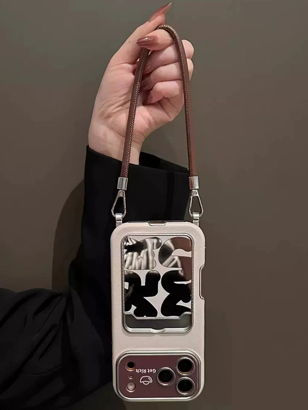 Luxury Leather Mirror Card Holder Phone Case With Wrist Strap For IPhone17 16 15 14 13 12 11 Pro Max Get Rich Protective Cover