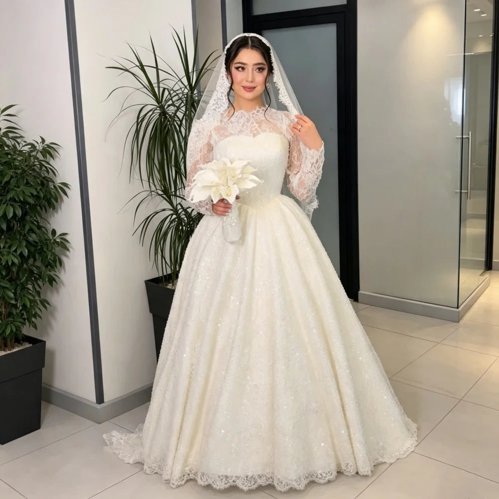 Customized High Collar Long Sleeve Lace Ball Dress A-line Square Collar Shining Bride Dress Church Train Luxury Wedding Dress