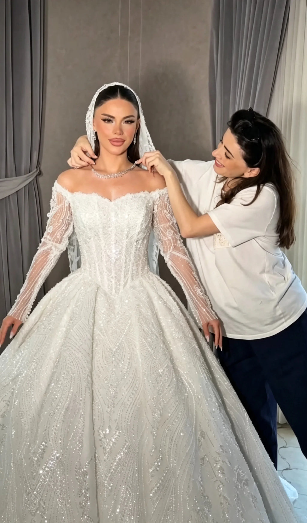 Off Shoulder Sweetheart Phantom Long Sleeve Princess Wedding Dress Lace Beaded Ball Dress Luxury Bride Dress Customized