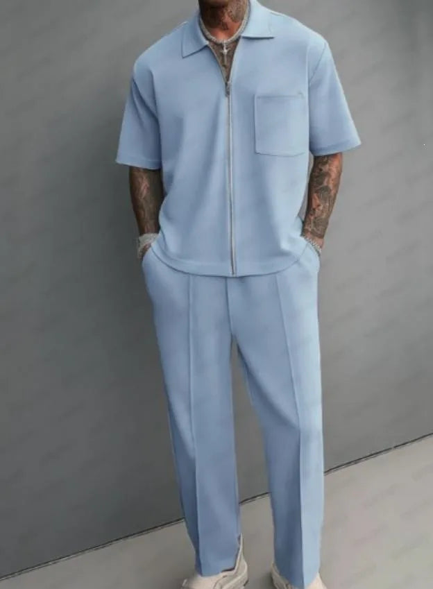 Men 2 Piece Outfits Half Zip Polo Short Sleeve Shirt Straight Leg Pants Set Casual Solid Color Knit Tracksuit Streetwear Suit