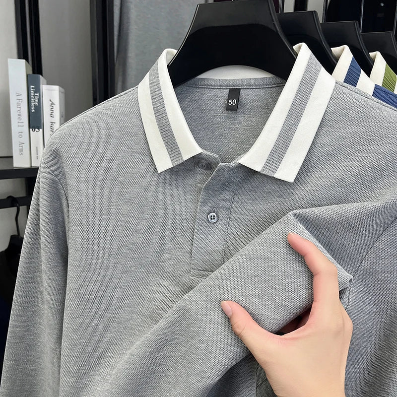 100% pure cotton luxury brand men's long sleeved polo shirt autumn fashion item striped design golf top casual business T-shirt