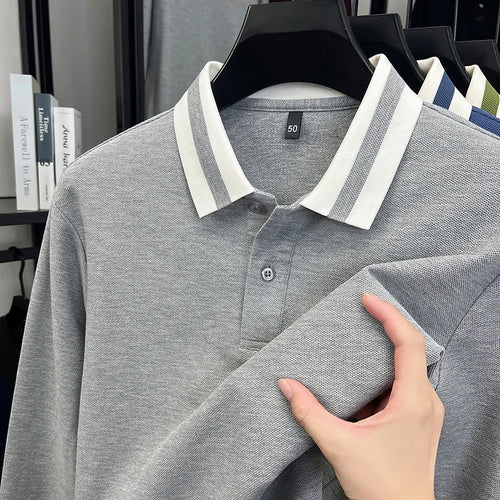 100% pure cotton luxury brand men's long sleeved polo shirt autumn fashion item striped design golf top casual business T-shirt
